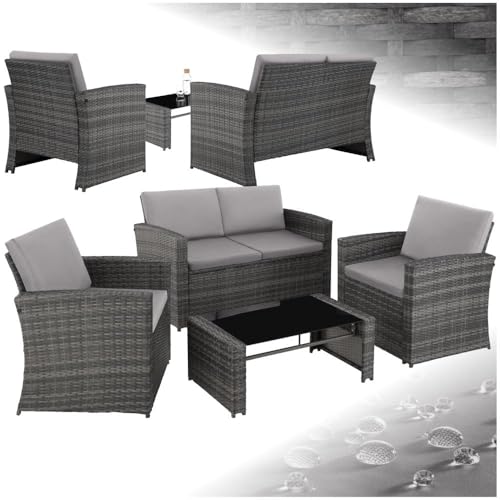Entspanntes Outdoor-Feeling – 12-teilige Poly Rattan Garten Lounge für 4 Personen – Wetterfestes Gartenmöbel Set für Balkon und Garten – Grau/Hellgrau – Perfekt für gemütliche Stunden im Freien.