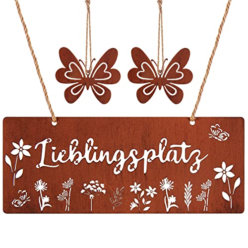 Rustikales Metall-Schild – Dekoratives Lieblingsplatz-Schild – Für Garten und Terrasse – Mit Rostoptik Schmetterlingen – Charmante Gartendeko – Robust und wetterfest – 25 x 10 cm.