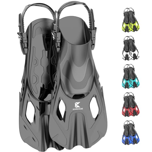 Leichte Schwimmflossen für unvergesslichen Spaß im Wasser - Khroom Schnorchelflossen verstellbar für Kinder Damen Herren | Kurze Tauchflossen & Flippers zum Schnorcheln Schwimmen Tauchen | Schwarz 32-36.