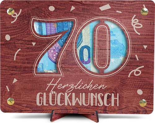 Originelles Geldgeschenk zum 70. Geburtstag – XL Holzpräsent mit Ständer | Für Frauen und Männer, perfekte Geschenkidee zum 70. Geburtstag, inkl. Geburtstagskarte und Deko