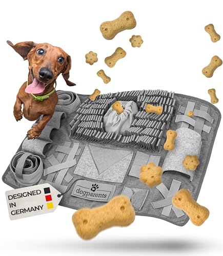 Schnüffelspaß für Hunde groß & klein – 12 Verstecke für stundenlange Beschäftigung – Perfekt für Dogparents – Extra robustes Schnüffelteppich Hund & Katze – Grau