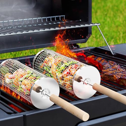Genießen Sie köstlich gegrilltes Gemüse und Garnelen unter freiem Himmel mit unserem Ivtivfu Nestendes Rollendes Grillkorb Set! Hochwertiger Edelstahl, abnehmbarer Holzgriff und perfekt für Outdoor-Camping. Perfektes Geschenk für Männer!