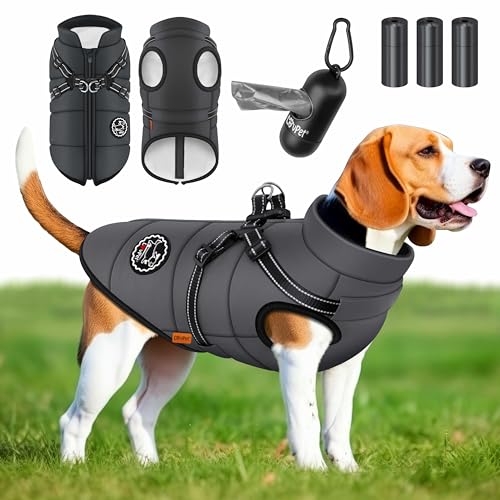 Praktische LOVPET® Hundeweste - Winterjacke mit integriertem Geschirr für große Hunde | Warm, wasserdicht und sicher | Ideal für Outdoor-Abenteuer mit Ihrem treuen Begleiter | Inkl. Kotbeutel und Spender