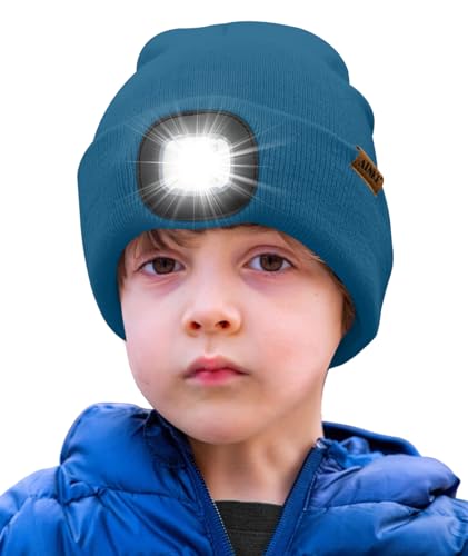 LED Beleuchtete Wintermütze – Extrem Heller Lampe – Großartige Geschenke für Jungen und Mädchen | ATNKE Kids Wiederaufladbare USB 4 LED Laufmütze in Peacock Blue - Warm und sicher durch die Nacht!