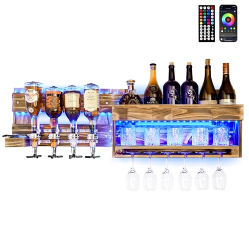 Einzigartiges Weinregal für stilvolle Präsentation – LED-beleuchtete Palette aus flammbehandeltem Holz – Perfekte Wandbar mit 4 Getränkespender Flaschenhaltern – Ideales Geschenk für Weinliebhaber.
