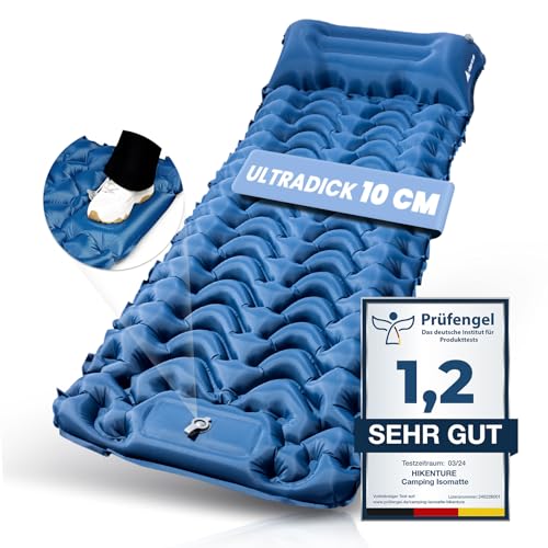 Komfortabler Schlaf unter freiem Himmel – Isomatte Selbstaufblasend von HIKENTURE! Maximale Dicke von 10cm, leichtes Packmaß, Fußpumpe für einfaches Aufblasen. Ideal für Camping, Outdoor-Abenteuer und Wandern.