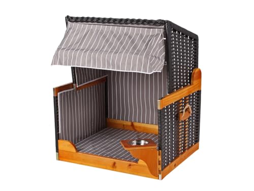 Komfortabler Woodtex Hundestrandkorb aus Kieferholz für entspannte Tage am Strand | Inklusive schwenkbarem Wasser-/Futternapf und Schützhülle | Perfekter Sonnenschutz für Hunde und Katzen | Stilvolles Rattan-Design
