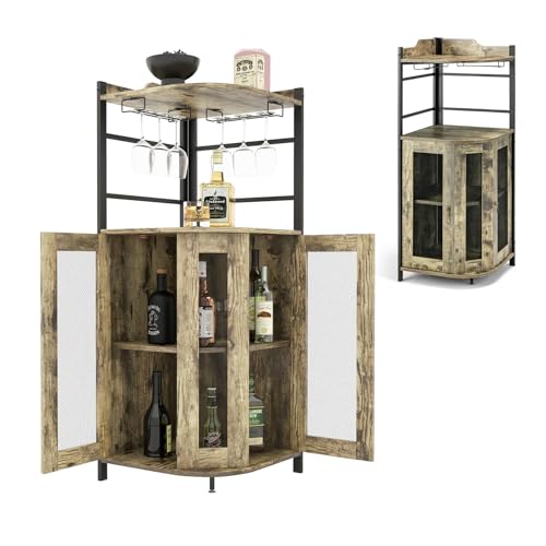 Eleganter Barschrank – Perfekte Aufbewahrung – Für stilbewusste Genießer – Ideal für Küche, Wohnzimmer, Esszimmer – Mit verstellbarem Regal, Glashalter & Metallgittertüren – 46 x 46 x 130 cm – Industrieller Look.