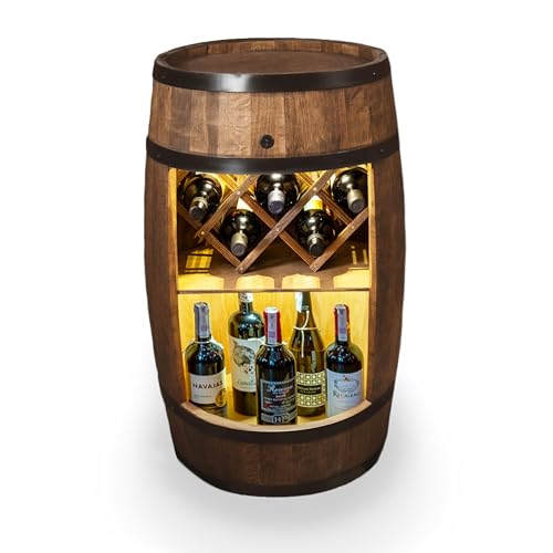Rustikales Holzfass Weinregal mit LED-Beleuchtung - Stilvolle Hausbar für Weinliebhaber - Dekorativer Weinständer für gemütliche Abende - Perfekter Barschrank für Ihre Sammlung (Dunkelbraun)