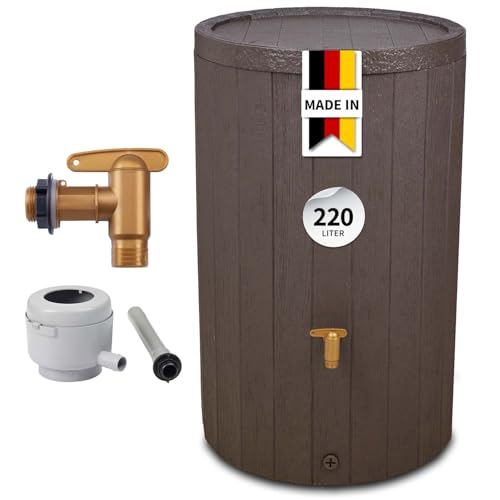 Regen sammeln und sparen! 4rain Madera Regentonne Komplett-Set - 220 Liter braun - inkl. Auslaufhahn und Fallrohranschluss - für umweltbewusste Gartenbesitzer und Regenwassernutzer.