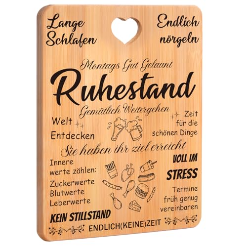 Ruhestand Geschenk - Graviertes Bambus Schneidebrett für Frau und Männer | Lustige Geschenke zum Renteneintritt für Kollegen, Rentner und Ruheständler - Personalisiert und praktisch für die Küche.