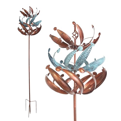 Gartenstecker 221 cm hoch – Großes Windspiel aus Metall mit gegenläufigen Rotoren – Gartendeko in 3 Höhen aufbaubar – Windmühle in Kupferoptik – Windskulptur mit Charme.