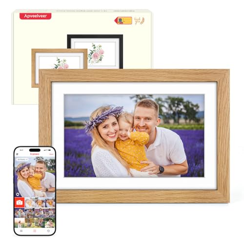 Elektronischer Bilderrahmen Holz – WiFi – Fotos/Videos teilen – Geschenkidee für Frauen und Männer – 10.1 Zoll Touchscreen – 32GB Speicher – Frameo App – Eichenholz