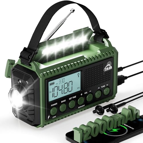 Kurbelradio – Zuverlässiges Notfallradio – Für Outdoor-Abenteurer und Camping-Enthusiasten – Mit Solar- und Kurbelbetrieb – Taschenlampe, USB-Lader und SOS-Funktion – AM/FM/SW Empfang – 12000 mAh Kapazität.