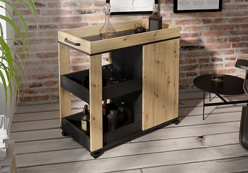 Stilvolle Wohnzimmerbar – Platzsparend und mobil – Perfekt für Cocktailabende zuhause – Forte Home BAR Barschrank 70 80 in Artisan Eiche/Schwarzeiche Holzdekor – Für alle Barliebhaber geeignet.