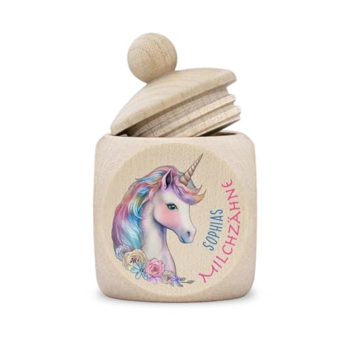 Zahndose – Personalisiertes Holzdesign für Mädchen – Bewahre Milchzähne sicher auf – Einhornmotiv – Ideales Geschenk zur Erinnerung an die Kindheit.