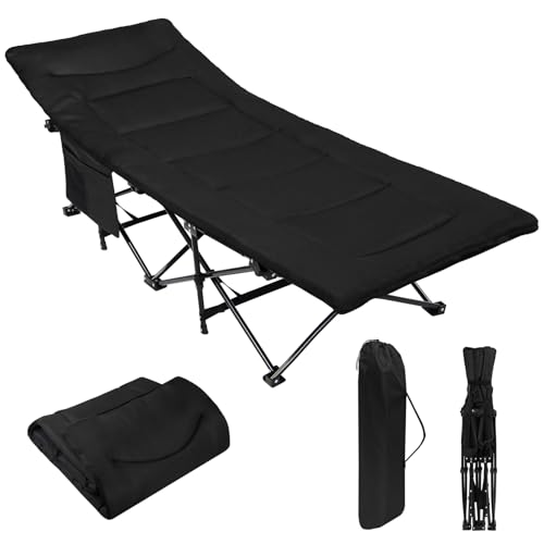Komfortables Campingbett für entspannte Nächte im Freien – belastbar bis 200 kg! Mit Seitentasche für praktische Aufbewahrung und weicher, gepolsterter Auflage. Ideal für Camping, Garten und Gäste.
