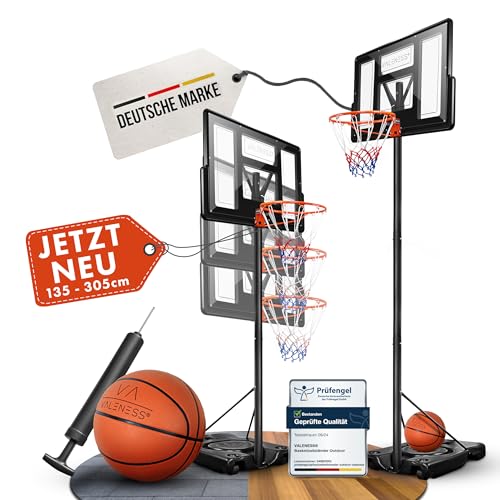 Perfekter Spielspaß im Freien – VALENESS® Basketballkorb Outdoor | 135 bis 305 cm Höhenverstellbarer und Wetterfester Ständer | Profi Korb Mit Basketball und Pumpe für Kinder und Erwachsene