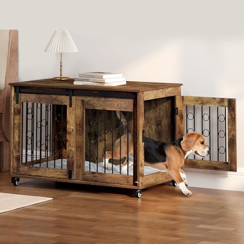 Hundebox – Flexibel und stabil – Ideal für große, mittlere und kleine Hunde – Praktisches Hundehaus mit Beistelltisch-Funktion – Vintagebraun – Für Zuhause – EUGAD 0353GL