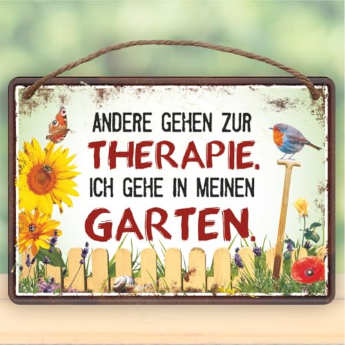 Dein persönliches Motivationsschild für den Garten - Rostfreies Blechschild mit Kordel zum Aufhängen - Spruch: "Andere gehen zur Therapie, ich gehe in meinen Garten" - Vintage Retro Look