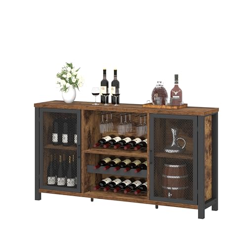 Stilvolle Aufbewahrungslösung – Geräumiges Küchenmöbel mit Weinregal und Vintage-Look – Perfekt für Wohnzimmer, Küche und Esszimmer – Mudmasa Küchenschrank Buffetschrank Sideboard Barschrank in Vintagebraun-schwarz.