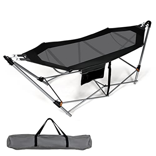 Tragbare Entspannung – Klappbare Hängematte mit Gestell und Seitentasche für bis zu 150 kg, inklusive Tragetasche, ideal für Indoor und Outdoor, Schwarz.