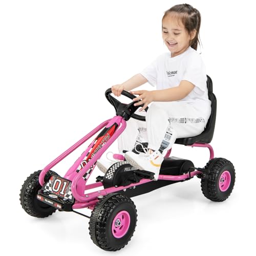 Kinder Gokart – Verstellbarer Sitz & Handbremse – Spaß und Sicherheit für kleine Rennfahrer – Perfektes Tretfahrzeug für Kinder ab 3 Jahren – Rosa Tretauto für maximales Fahrvergnügen.
