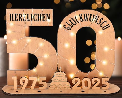 Originelle Geldgeschenke zum 50. Geburtstag - Geldgeschenk mit LED Lichterkette Ständer - Holz-Schild Gästebuch - Deko und personalisierbares Geschenk für Frauen & Männer!