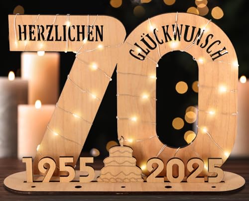Originelles Geschenk für den 70. Geburtstag – Geldgeschenk mit LED Lichterkette – Holz-Schild Gästebuch – Dekoidee für Frauen & Männer – Personalisierbares Geschenk – 2025 Trend
