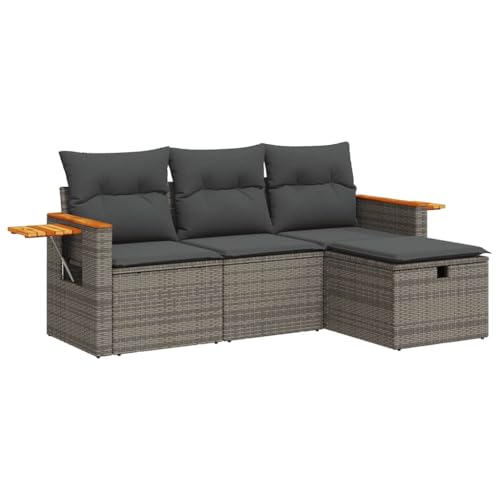 Entspannen im Grünen – Wetterfestes Garten-Sofa für gemütliche Stunden im Freien – Perfekt für Outdoor-Liebhaber und Gartenbesitzer – vidaXL 4-TLG. Garten-Sofagarnitur mit Kissen Grau Poly Rattan