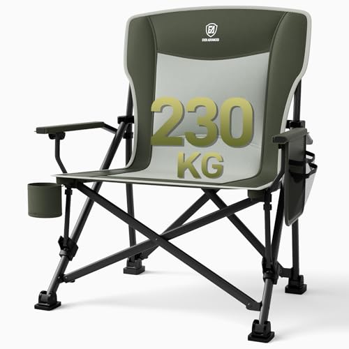 Bequem und belastbar – Der EVER ADVANCED Campingstuhl für Outdoor-Fans! XL Sitzbreite, Lendenwirbelstütze, Seitentasche und Getränkehalter machen ihn zum idealen Begleiter für Camping, Angeln und Garten.