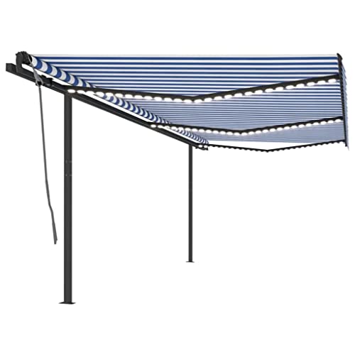 Erfrischender Schatten im Garten – Große manuell einziehbare Markise mit LED-Beleuchtung – Perfekt für Outdoor-Liebhaber und Familien – 6 x 3,5 m in Blau und Weiß.