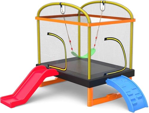 Gartenspaß deluxe – Quadratisches Trampolin mit Rutsche und Kletterleiter für sicheren Hüpfspaß im Freien | Perfektes Geschenk für aktive Kinder und erlebnishungrige Familien, wetterfest und stabil.