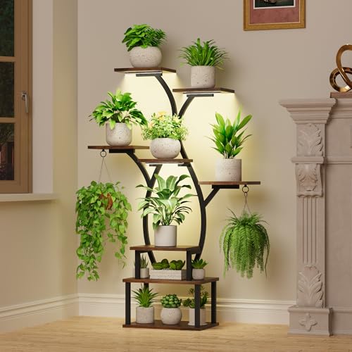 Pflanzenpracht erleuchten – Stilvolles Blumenregal mit integrierter Beleuchtung für Indoor und Outdoor, 8 Ebenen aus Holz und Metall, ideal für Terrasse, Garten und Wohnzimmer.