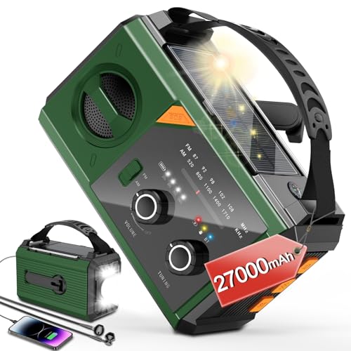 Kurbelradio mit Bluetooth – Solar Radio mit Handyladefunktion – Notfallausrüstung für Outdoor-Fans: Wholede 27000mAh Notfallradio als Taschenlampe und Ladegerät für Camping und Baustellen in Grün.