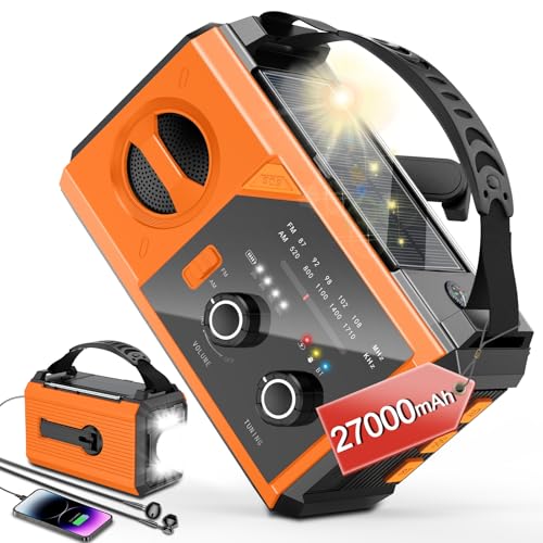 Zuverlässiges Kurbelradio mit 30000mAh – Solarbetrieben und Bluetooth – Perfekt für Outdoor-Enthusiasten und Notfälle – Taschenlampe, Ladegerät und mehr in einem Gerät – Orange Design