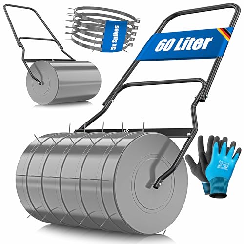 Gartenwalze für perfekten Rasen – Befüllbar mit Wasser oder Sand, 60 Liter Füllvolumen, 50cm breit | Inklusive 5X Spikes & Handschuhe | Ideal für Hobbygärtner und Profis