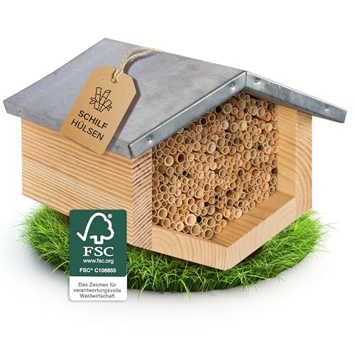Bienenhotel für Wildbienen – Wetterfestes Metalldach | Artgerechtes Insektenhotel mit Schilfröhrchen | Hochwertig & Splitterfrei | Ideal für Gartenliebhaber & Naturschützer