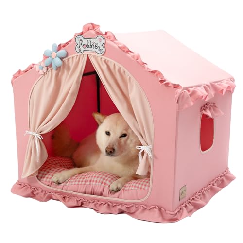 Gemütliche Hundehöhle – Waschbar & Faltbar – Ideales Hundehaus für Drinnen – Für kleine bis mittelgroße Hunde – Pinkes Hundebett mit Dach – Langlebig und belüftet – 64x64x64 cm.