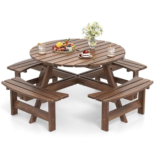 Gemütliches Beisammensein im Freien – COSTWAY Picknicktisch Set für 8 Personen | Robuster Gartentisch aus Holz mit Schirmloch & 4 Bänken | Ideale Sitzgruppe für Garten, Terrasse und Outdoor-Fans.