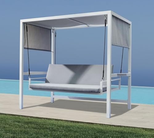Entspannen im Garten – Neigbare 3-Sitzer Hollywoodschaukel aus weißem Aluminium mit grauer Sitzfläche und Abdeckung von Maligi Home MG/Prag – Perfekt für Outdoor-Genießer.