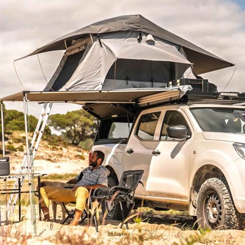Outdoor Abenteuer Deluxe – Wasteland Pro L Autodachzelt | Bequem & Robust | Für Camping Enthusiasten | 240x140 cm | Hellgrau/Oliv-grün | Inkl. 3D-Mesh Unterlage & Ripstop-Stoff | Skyview.