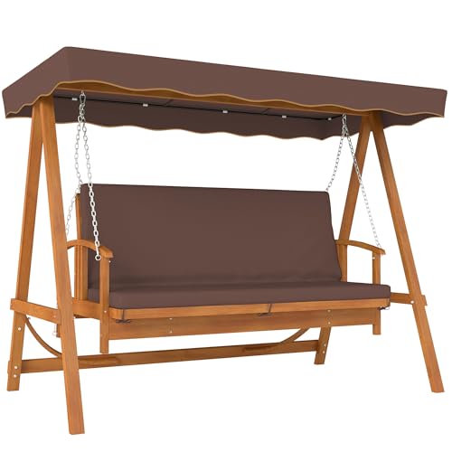 Gartenschaukel mit Liegefunktion – Entspannung pur im Freien – Für die ganze Familie – Outsunny Hollywoodschaukel aus Holz mit Sonnendach und Sitzauflage – Robust und komfortabel – Braun.