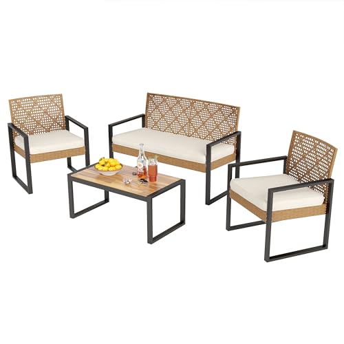 Entspannt im Freien – Stilvolles Gartenmöbel Balkonmöbel Set für 4 Personen. Wetterfestes Rattan, Beige & Gelb. Perfekt für gemütliche Stunden auf Garten, Terrasse oder Balkon. Ideal für Outdoor-Liebhaber.