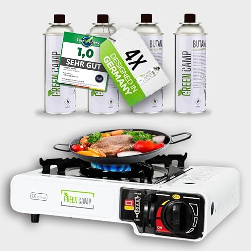 Kochen wie ein Profi unter freiem Himmel – Der GREEN CAMP® Gaskocher inkl. 4 Kartuschen macht Camping zum Genuss! Stufenlos regulierbar, einfach zu bedienen und perfekt für Outdoor-Fans.
