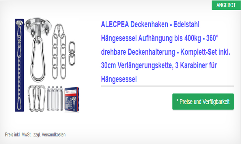 Deckenhaken - Edelstahl Aufhängung für Hängesessel bis 400kg